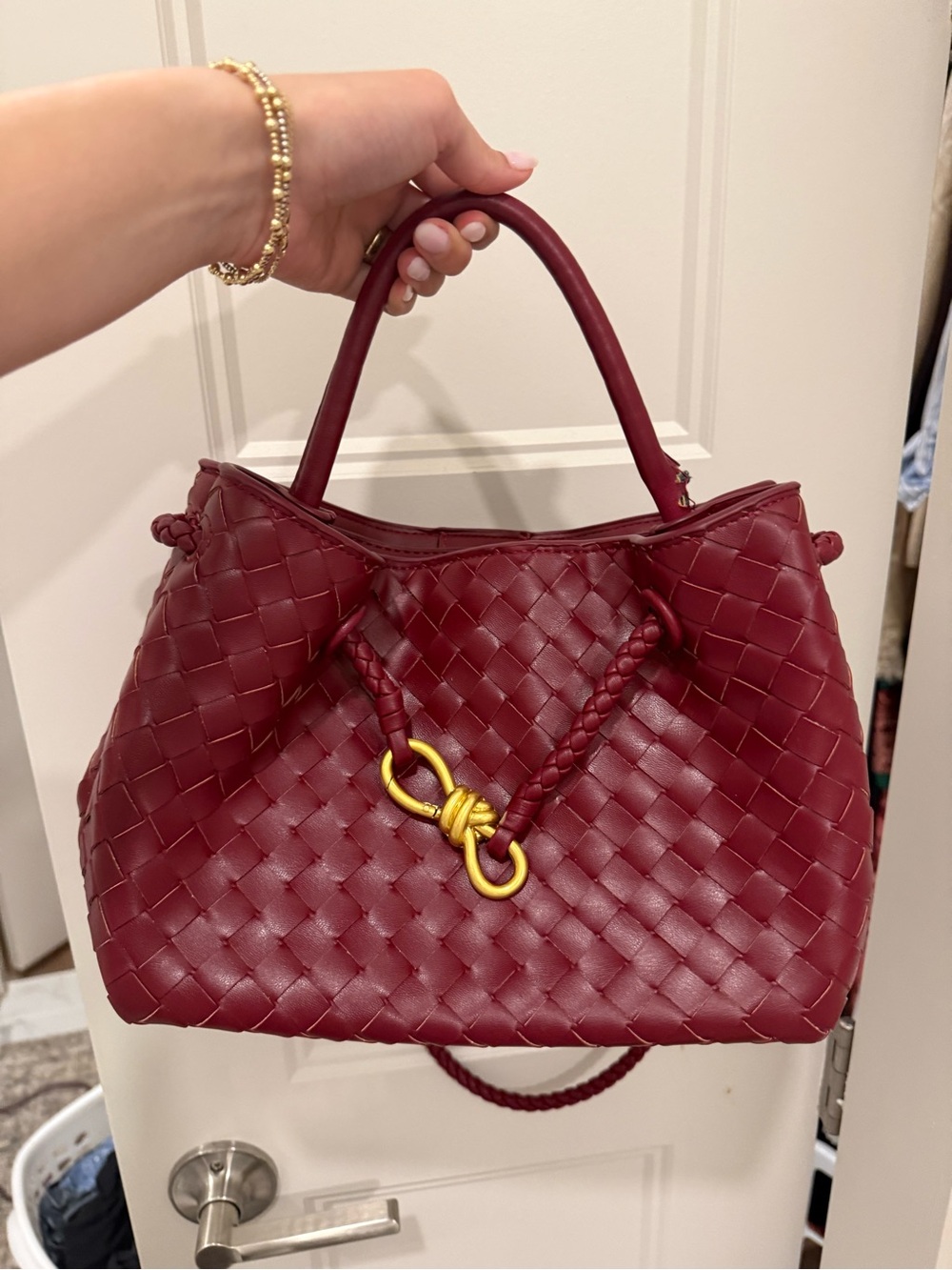 Women’s Woven Leather Top-Handle Bag in Burgundy